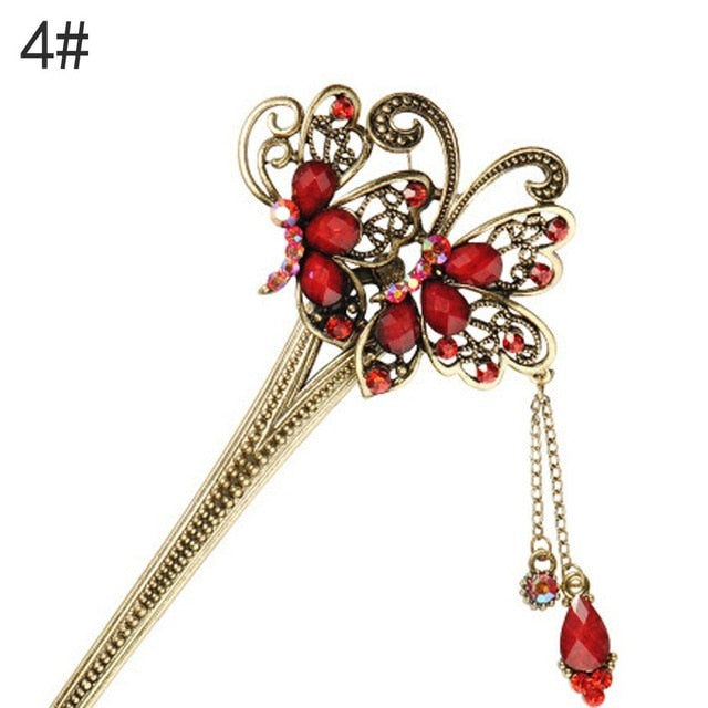 Retro Style Bridal Wedding Party Hairpin Elegant Women's Colorful Butterfly Flower Hair Stick